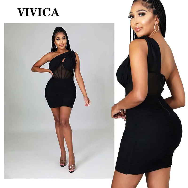 

2022 Summer European and Beautiful Women's Sexy Tight Dress Mesh Perspective Slanted Shoulder Short Skirt Women