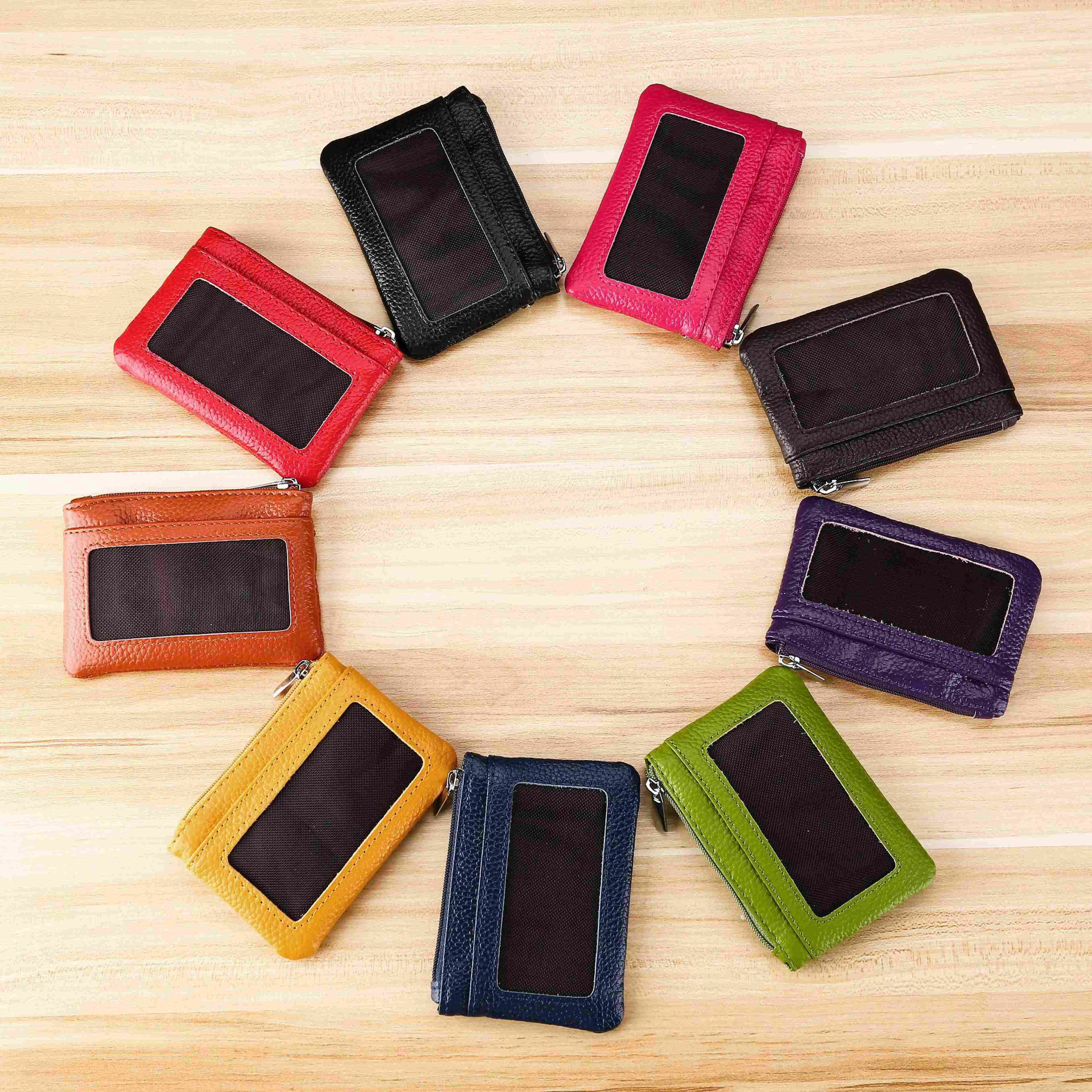 

Leather Card Holder Keychain Wallet For Women Men With ID Window Cowhide Coin Purse 9 Colors Gifts Slim Minimalist Small Wallet