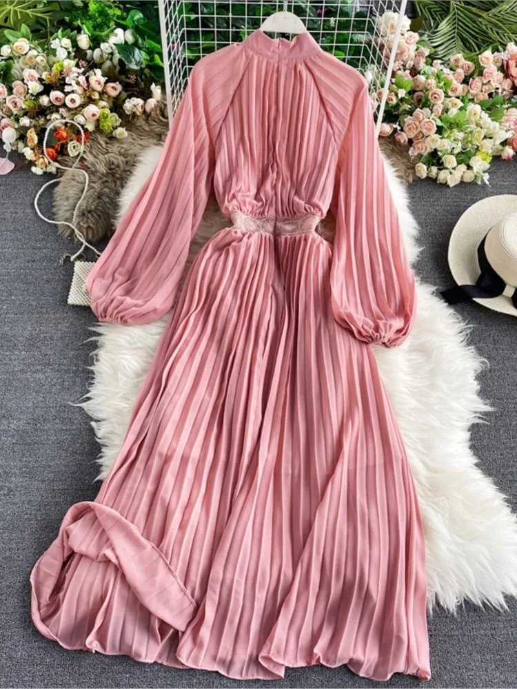 

Spring Vintage Elegant Mid-length Dress For Women 2022 Autumn Vestidos Stand Collar Slim Waist Female Casual Party Сlothes
