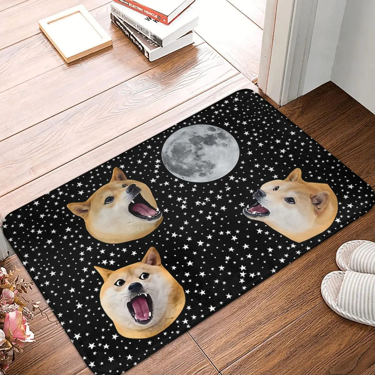 

Shiba Inu Anti-Slip Doormat Kitchen Mat Three Doge Night Howling At The Moon Balcony Carpet Entrance Door Rug Home Decorative