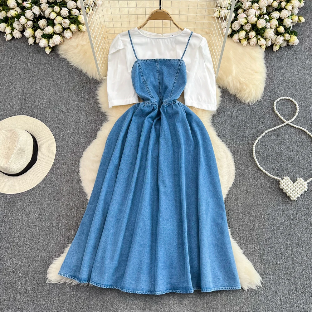 

Clothland Women Elegant Denim Dress Two Piece Set Short Sleeve Blouse Suspender Denim Dresses Two Piece Set QB830