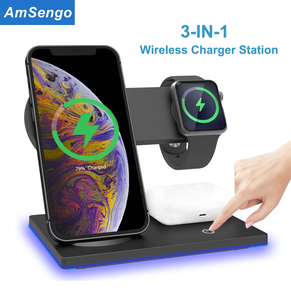 

Быстрое зарядное устройство 3 в 1 Тип c для iPhone 13 12 11 XR для Apple Watch Беспроводная зарядная станция для Airpods Pro/3/2 Держатель зарядного устройства