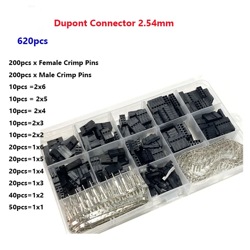 

620pcs/Box 2.54mm Dupont Connector Dupont Jumper Wire Pin Header Housing Kit Male/Female Crimp Pins Terminal Connector Set