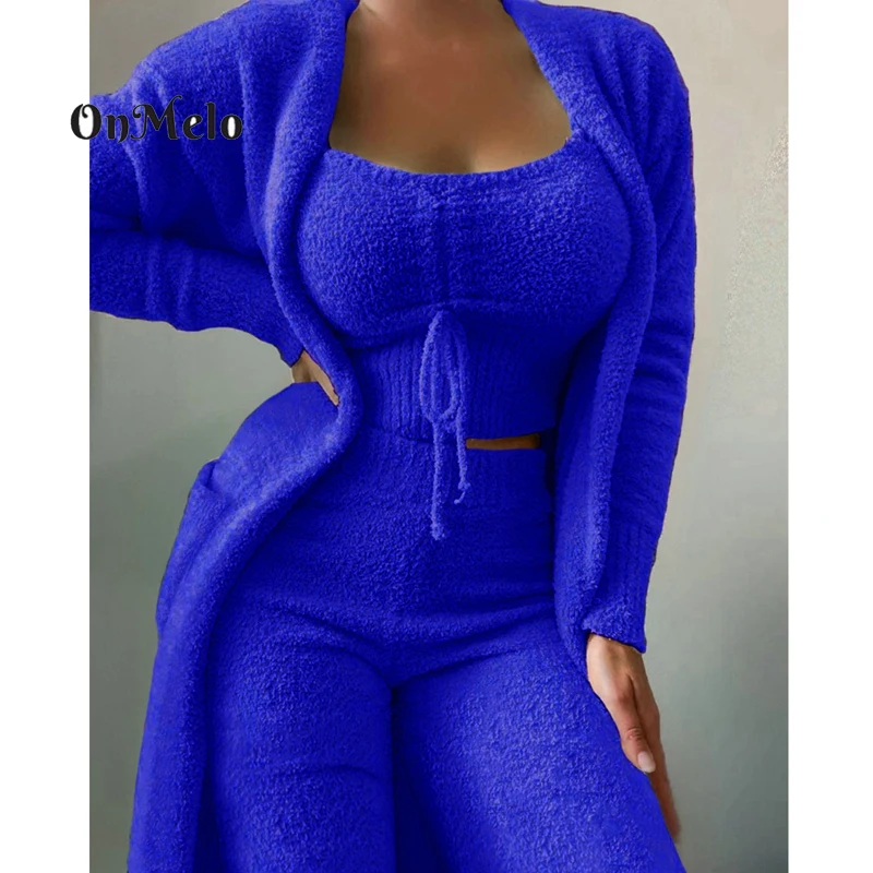 OnMelo Women's Velvet Pajamas Set Autumn Winter Crop Top+Long Pants+Coat 3 Pieces Suit Warm Soft Fleece Homewear New Pyjamas