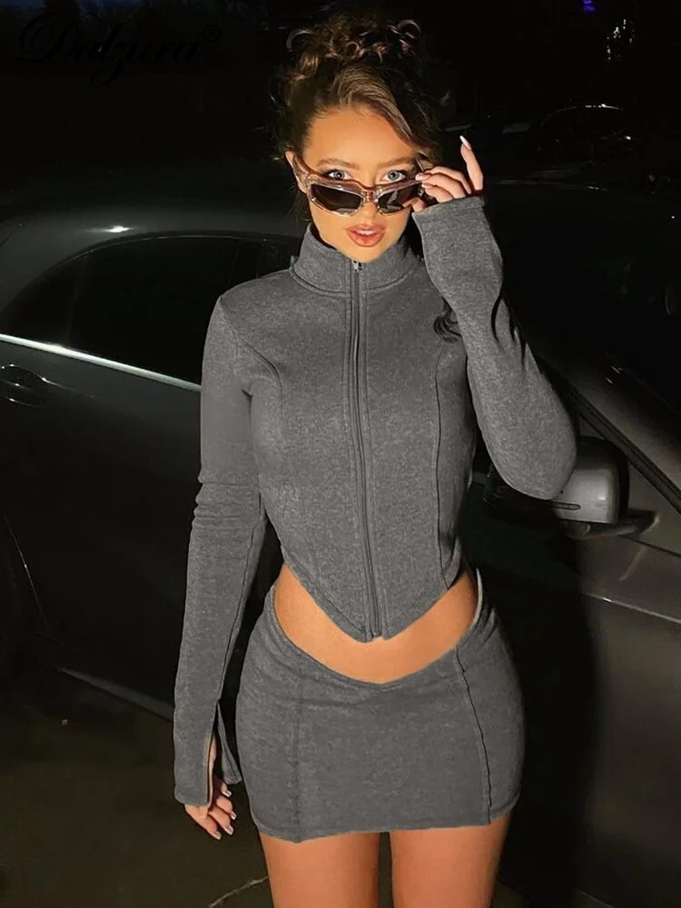 

Dulzura 2023 Autumn Winter Bodycon Matching Suit Long Sleeve Zipper Coat Jacket Mini Skirt 2 Piece Set For Women Streetwear