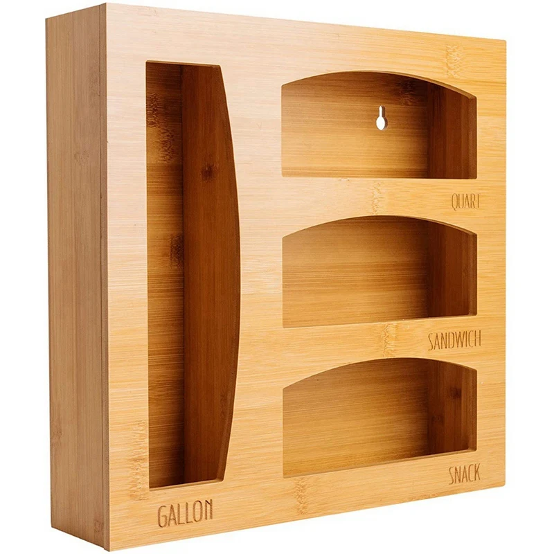 

Zipper Closure Bag Organizer Storage Box Drawer Divider For Snack, Sandwich & Gallon Bags, Natural Bamboo
