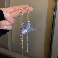 long tassel butterfly drop earrings elegant pearl crystal hanging womens earrings fashion temperament jewelry party gift