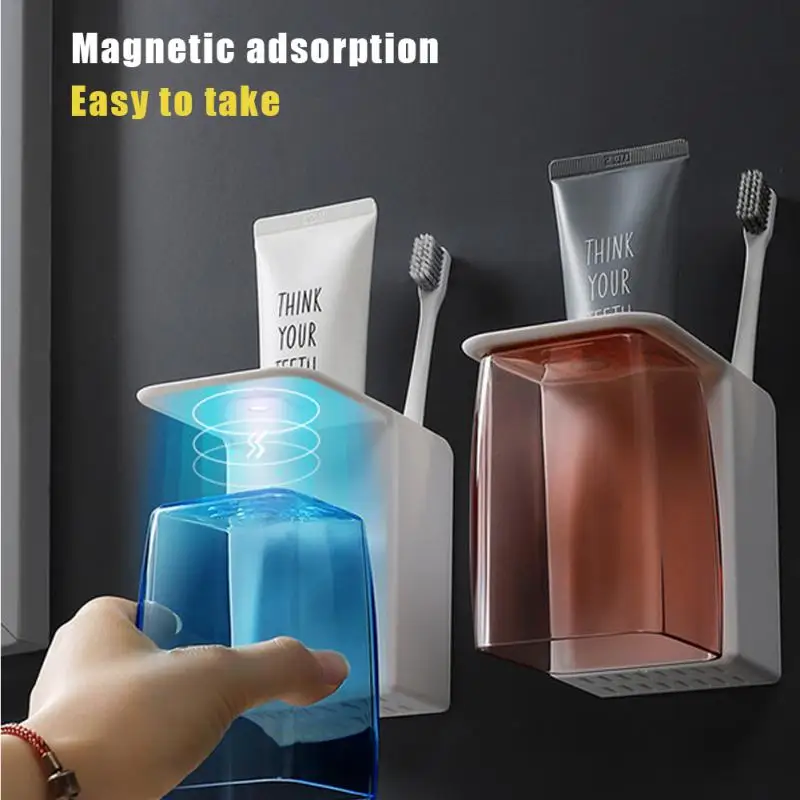 

Magnetic Toothpaste Racks Wall-mounted Toothbrush Cup Set With Upside Down Cystal Cup For Family Kids Adults Toothbrush Holder