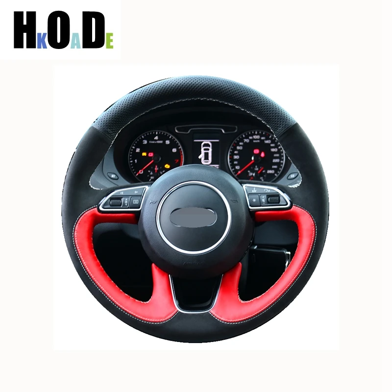 

Red Leather Black Genuine Leather Car Steering Wheel Cover For Audi Q3 2013-2018 Q5 2013-2017 Q7 2012-2015