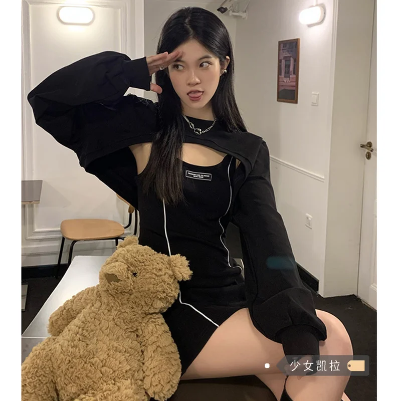 

Модный костюм женское платье на бретельках Новинка весна-осень короткая блузка комплект из 2 предметов платье