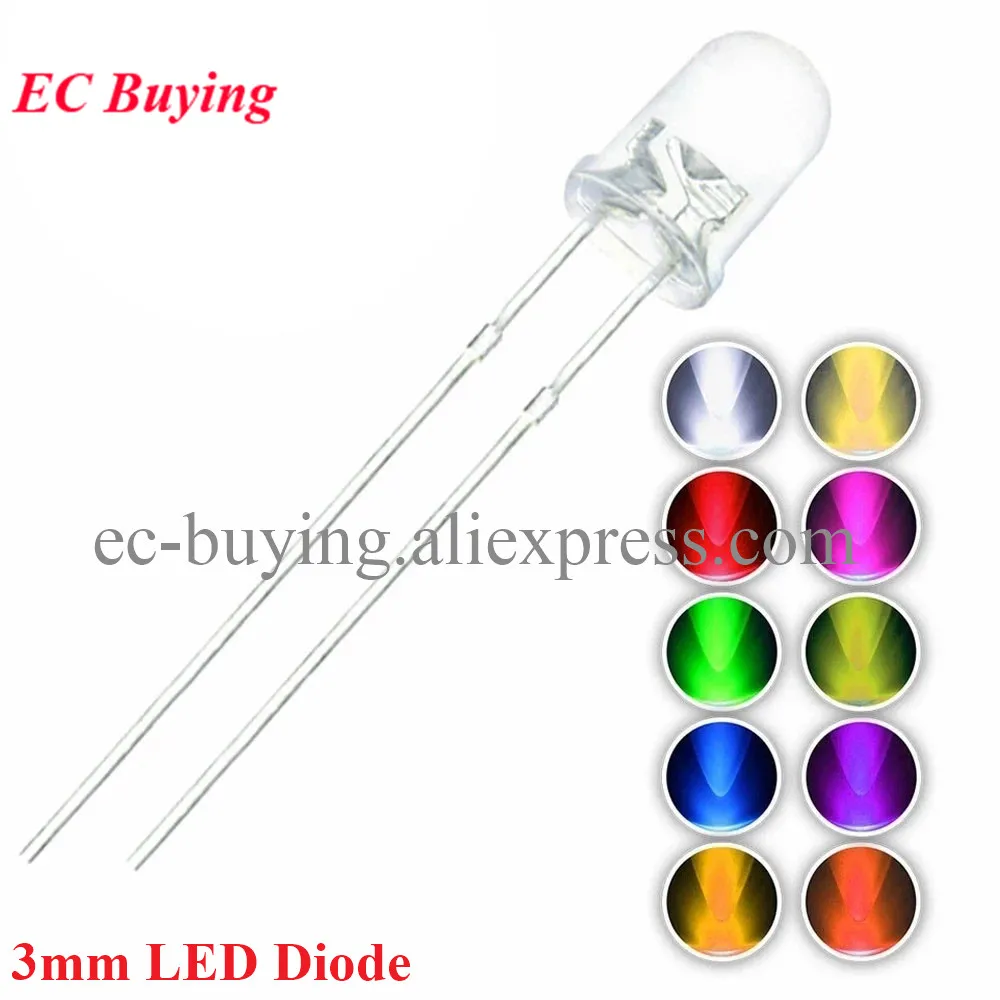 

100pcs/lot F3 3mm LED Diode Ultra Bright Warm White Red Green Blue UV Purple Yellow Orange 2V 3V 20mA DIY Light Emitting Diodes