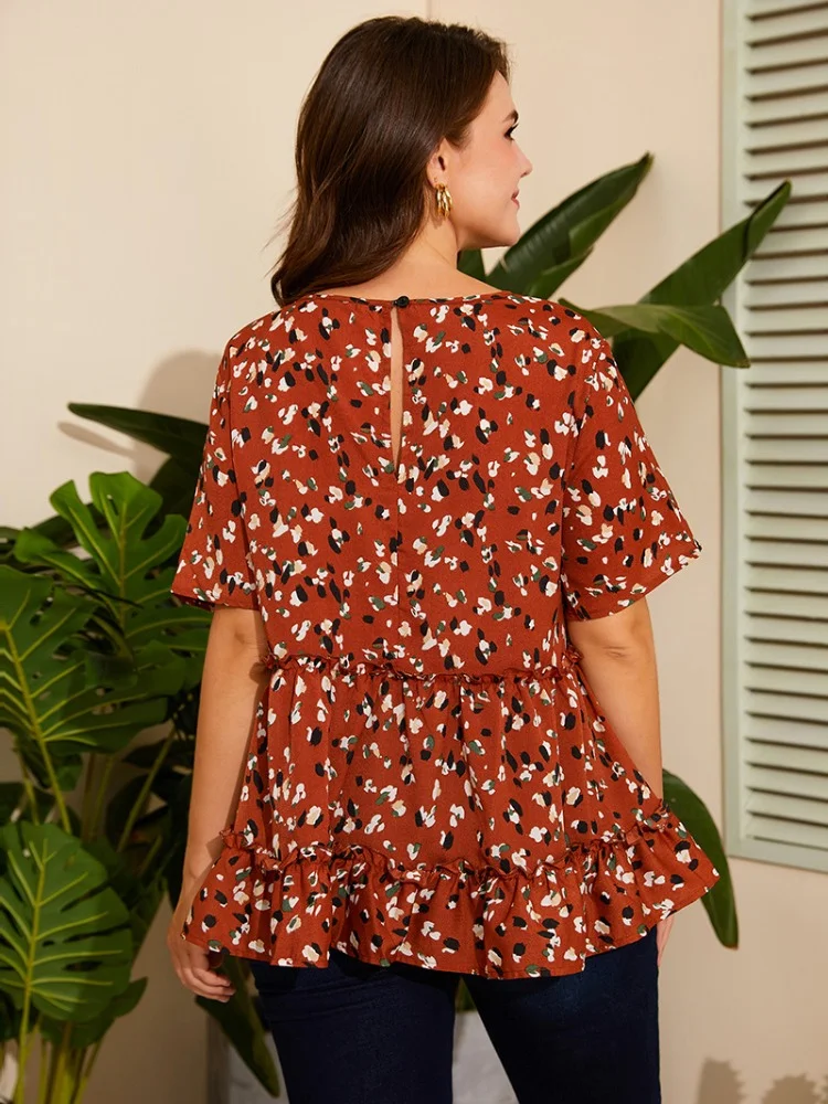 Small floral new plus size women western temperament lace-up waist print summer coat plus size T-Shirts