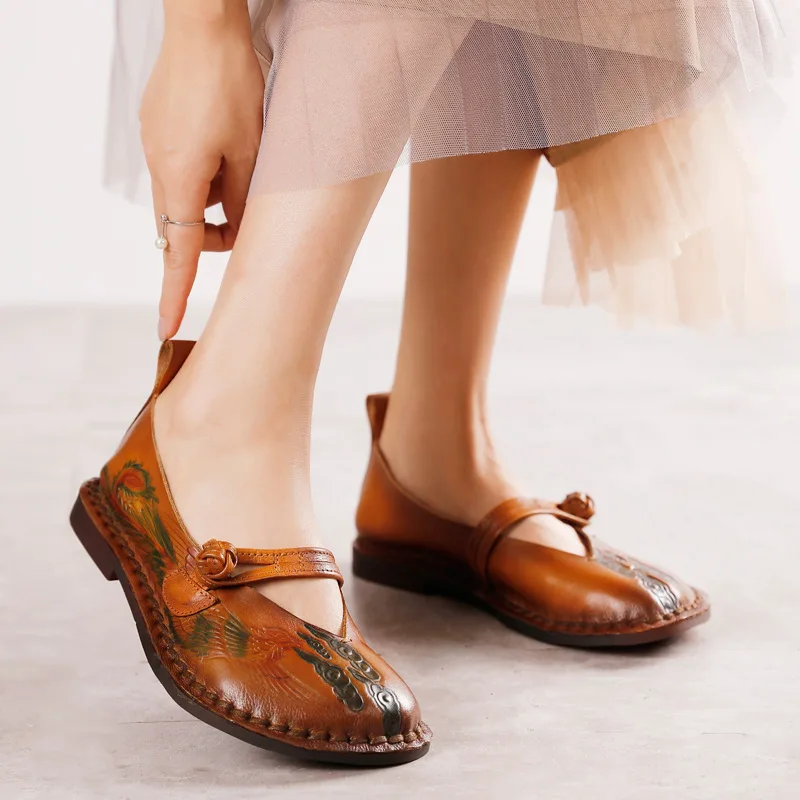 

YourSeason Ladies Print Shoes Genuine Leather Buckle Strap Vintage Shallow Sewing Handmade Female Girls Flats National Style