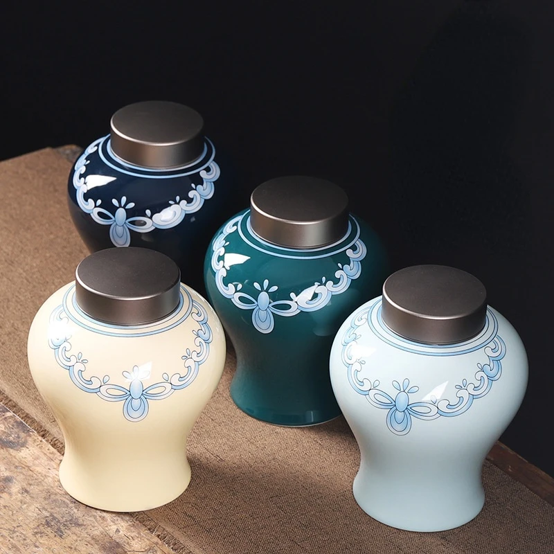 

European-style Exquisite Ceramic Storage Jars Metal Lid Sealed Tea Boxes Ceramic Crafts Decorative Jars Gifts Home Decoration