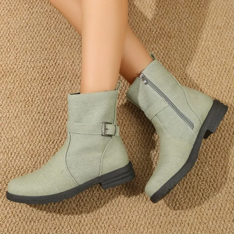 

Женские ботинки на молнии, однотонные короткие ботинки с круглым носком, на массивном каблуке, на осень