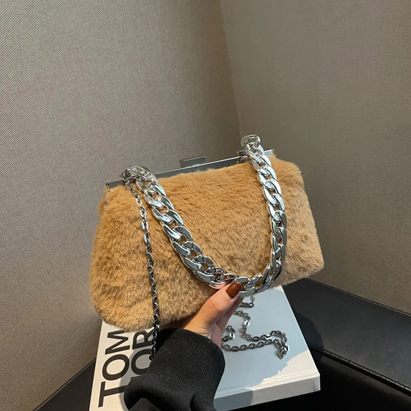 

Plush Women Bags High Quality Fashion Shoulder Bag Luxury Designer Latest Style Messenger Bags Texture Thick Chain Lady Handbags