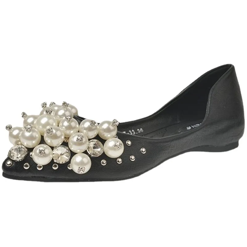 2023 New Pearl Pointed Toe Shallow Women Shoes Zapatos De Mujer Spring Casual Shoe PU Leather Slip on Basic Flats Casual