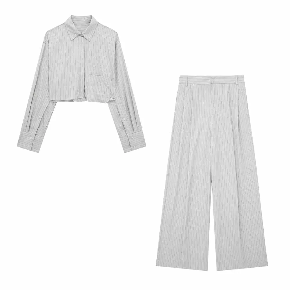 

TRAF WOMEN Fashion New Striped Long Sleeve Short Shirt Casual Retro Design Female Chic Neutral Trousers Two-piece Set Mujer