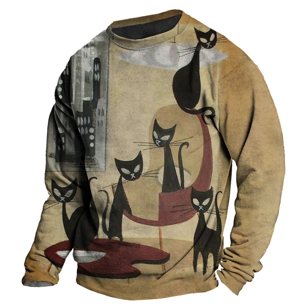 

New Men's Clothing Cat Print Vintage T-Shirts Men's Long Sleeve Tops Boys T-Shirts Oversized Outline Clothing Winter Clothing