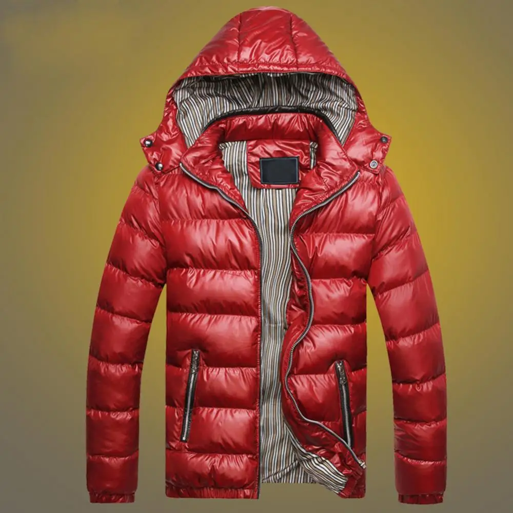 

Men Hooded Pocket Solid Color Long Sleeve Winter Zip Up Down Jacket Quilted Coat