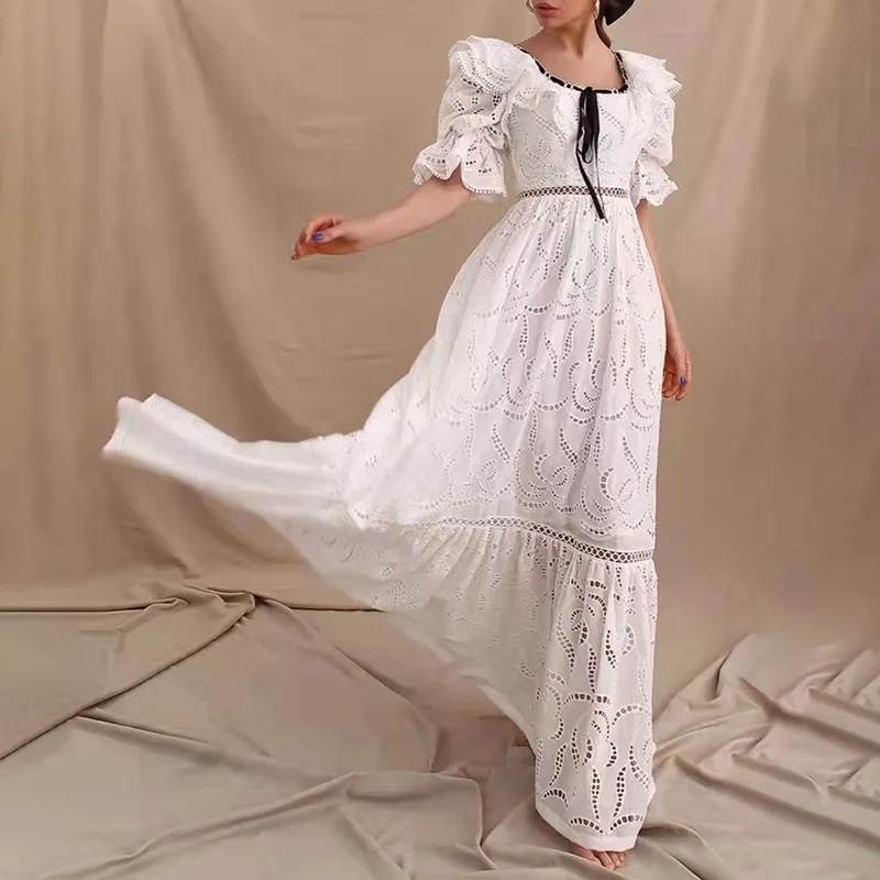 

FOR Floating Lace Long Skirt 2022 Spring And Summer New Round Round Blossoms Splicing Hollow Big Swing Solid Dress