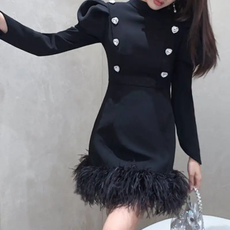 

Осень-зима 2022, новое модное женское облегающее короткое платье с запахом на бедрах, женская черная одежда с длинным пышным рукавом, Платья д...