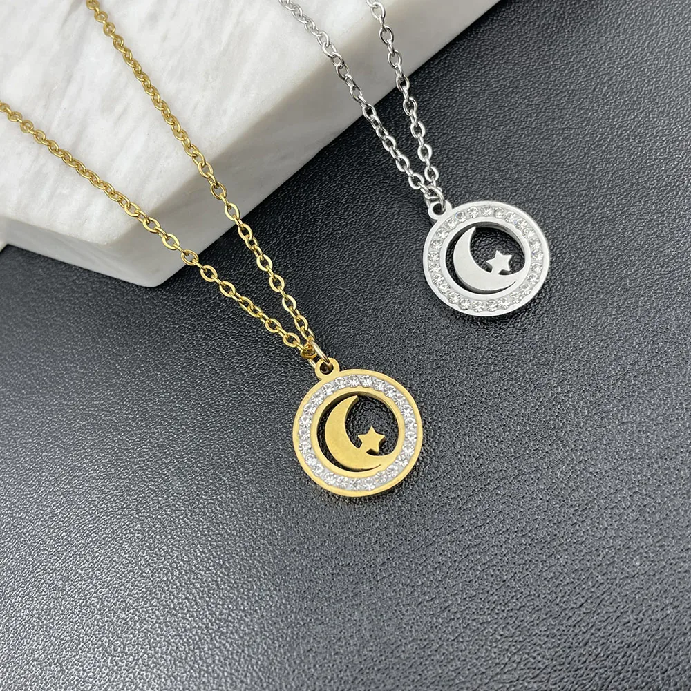 

Silver Gold-Plated Stainless Steel Diamond Zircon Moon Star Pendant Necklace for Women Men Novelty Design Charms Jewelry Gifts