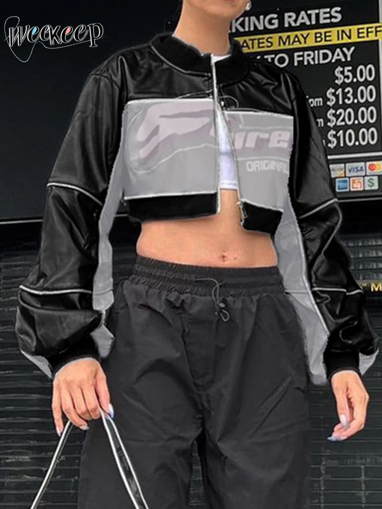 

Weekeek Streetwear y2k Leather Jacket Loose Patchwork Zip Up PU Crop Jackets for Women Harajuku Fashion Coats 2023 Autumn Winter