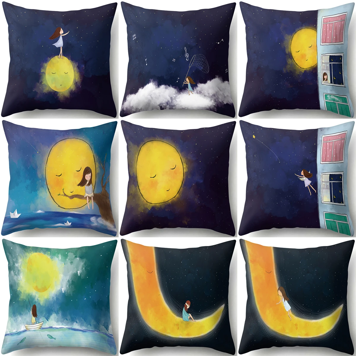 

ZHENHE Hand Painted Girl and Moon Pillow Case Home Decoration Cushion Cover Bedroom Sofa Decor Pillow Cover 18x18 Inch