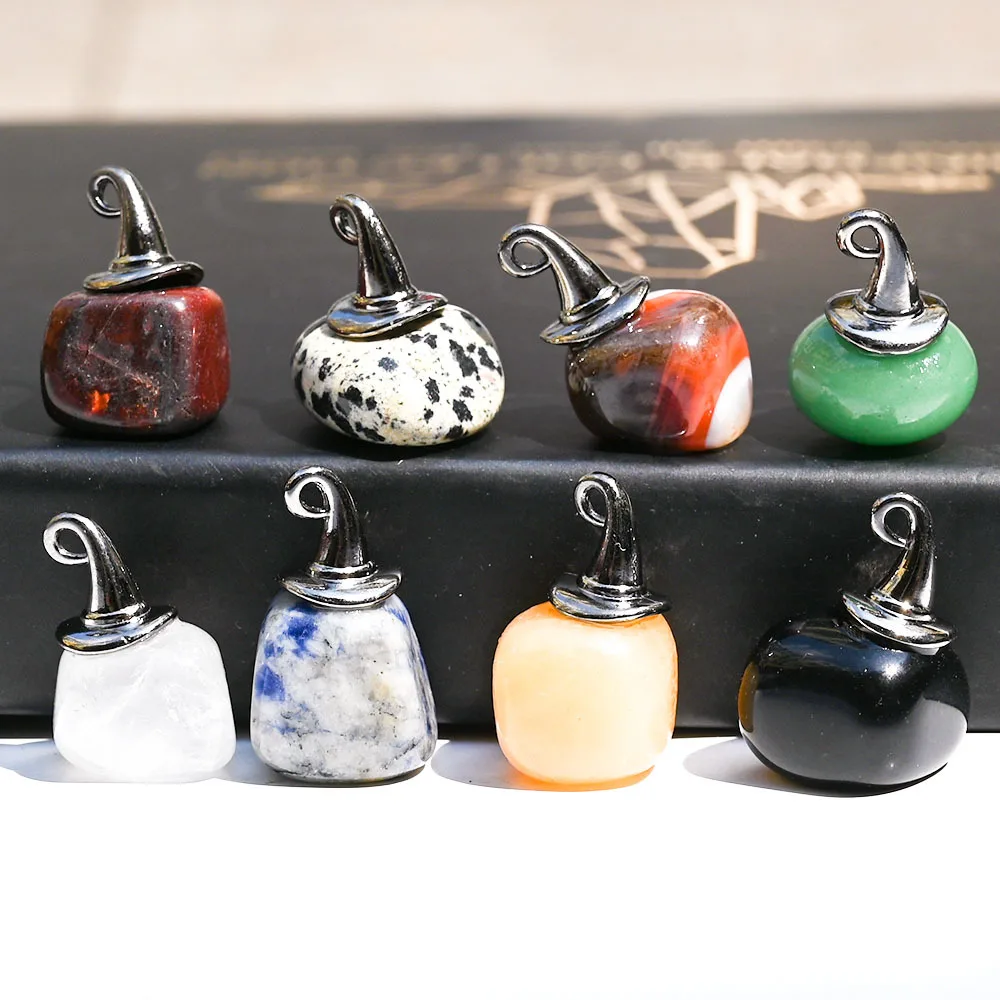 

20pcs Halloween Hat Natural Crystal Stone Pendant Amethyst Opal red Agate Charms for Necklaces Women Men Jewelry Making