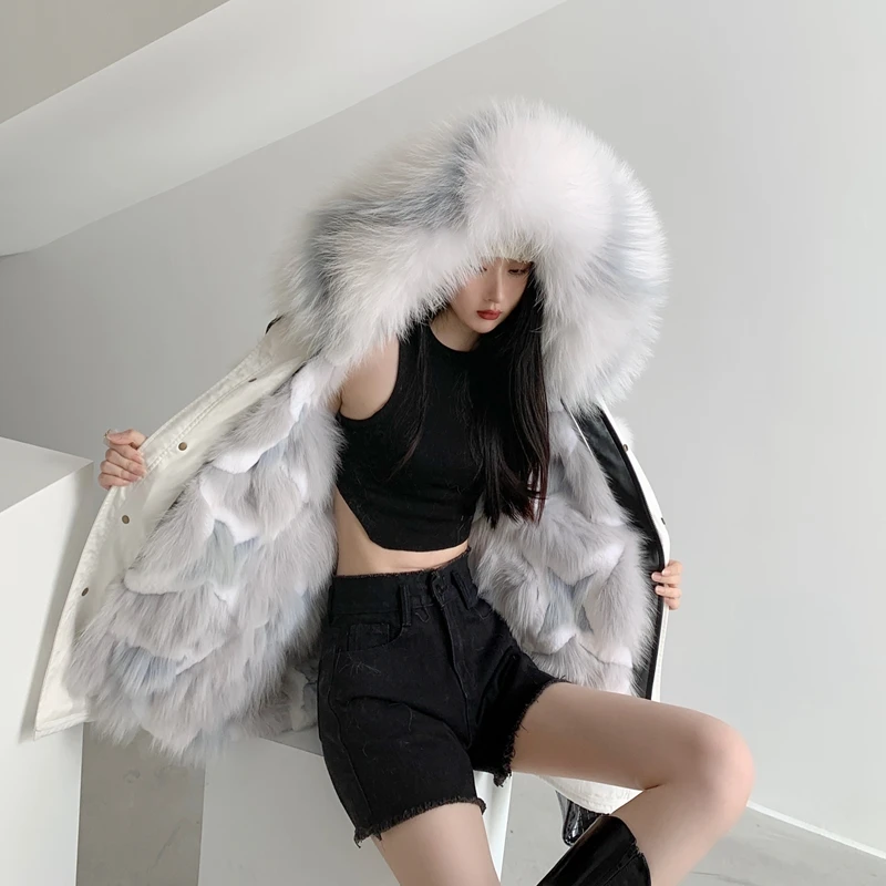 OZ Women's Winter Real Fur Coats Parkas Women Detachable Liner Jacket Overcoming Hood Fur Coat Genuine Fur Coat Women