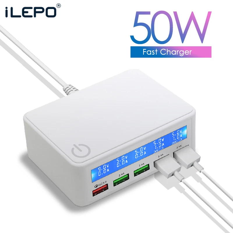 

ILEPO QC3.0 USB Charger 50W Smart charging Station 5V3A 9V2A 12V1.5A LCD Display 5 Port USB Quick Charge For Iphone iPad
