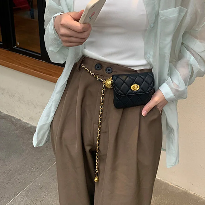 New Women Metal Belt Chain With Mini Bag Luxury Designer Brand Waist Strap Lady Girl Dress Jeans Trousers Decorative Accessories