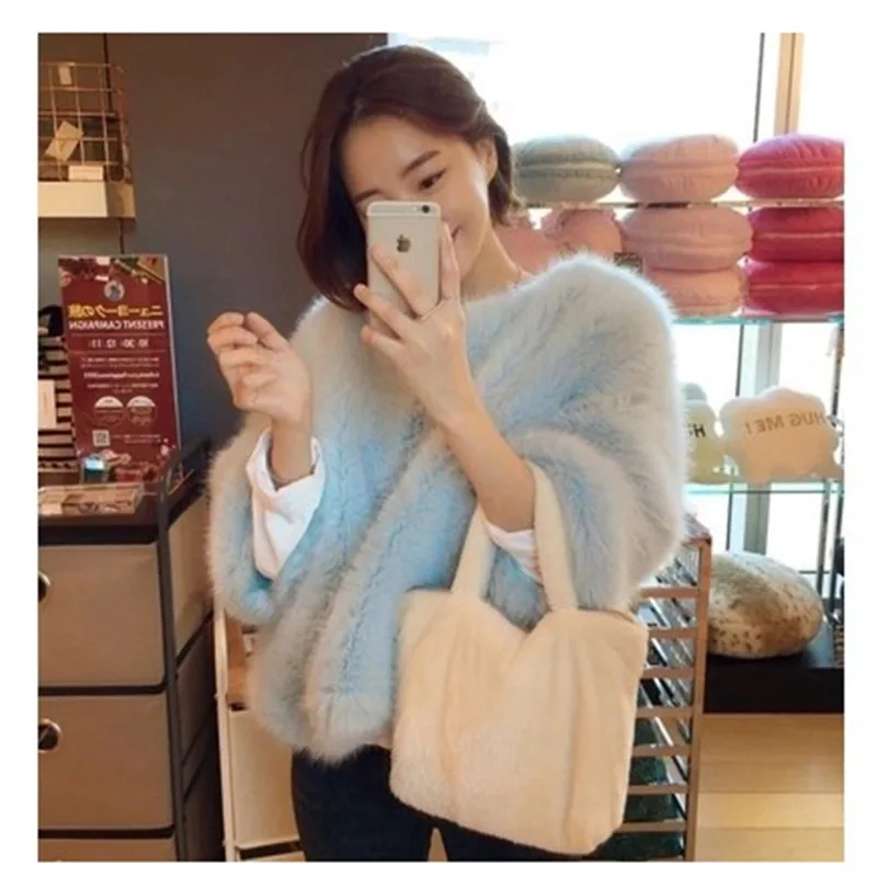 Mink Fur Tops Korean Fashion Pure Color Fluffy Rabbit Fur Short Faux Fur Elegant Flared Sleeves Pullover Winter Plush Sweater