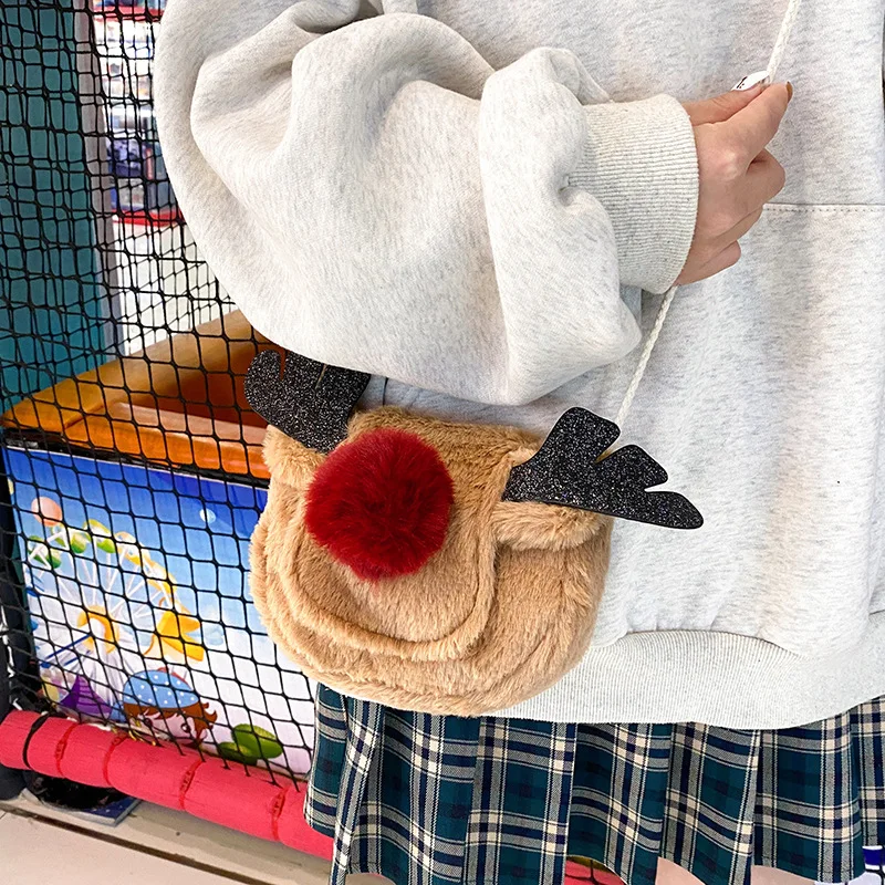 Christmas Children's Shoulder Bags Plush Elk Reindeer Messenger Bag Gift Fashion Girls Portable Kid Accessories Handbag Purse