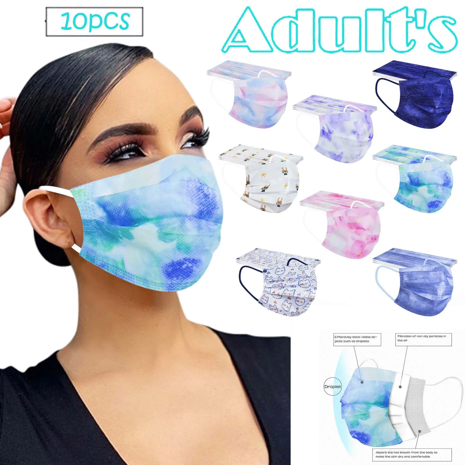 

10PCS Flower Print Adult Mask Disposable Face Mask 3Ply Ear Loop Fashion Men Women Mouth Cover Non Woven Unisex Masque Mascarill