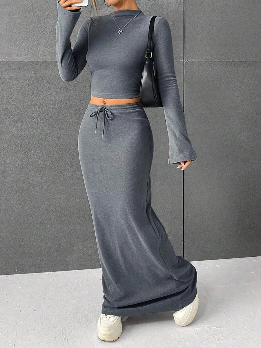 Женский комплект с юбкой футболка длинным рукавом и высоким воротником длинная