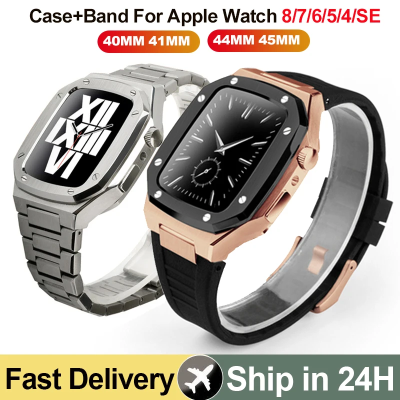 

Luxury Metal Case+Strap for Apple Watch Band Series 8 7 45mm 41mm Stainless Steel Strap Rubber Bracelet for IWatch 6 54 40 44mm
