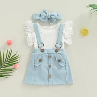 newborn baby girl 3pcs outfits flying sleeve solid color o neck romper suspender buttons shorts decorative hairband set