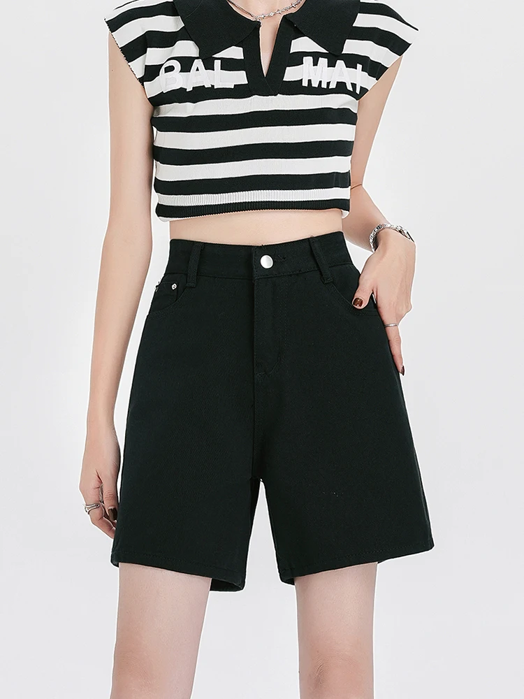 Women Vintage High Waist Loose Straight Denim Shorts Summer Streetwear Female Button Wide Leg Jeans Skirts Bottoms