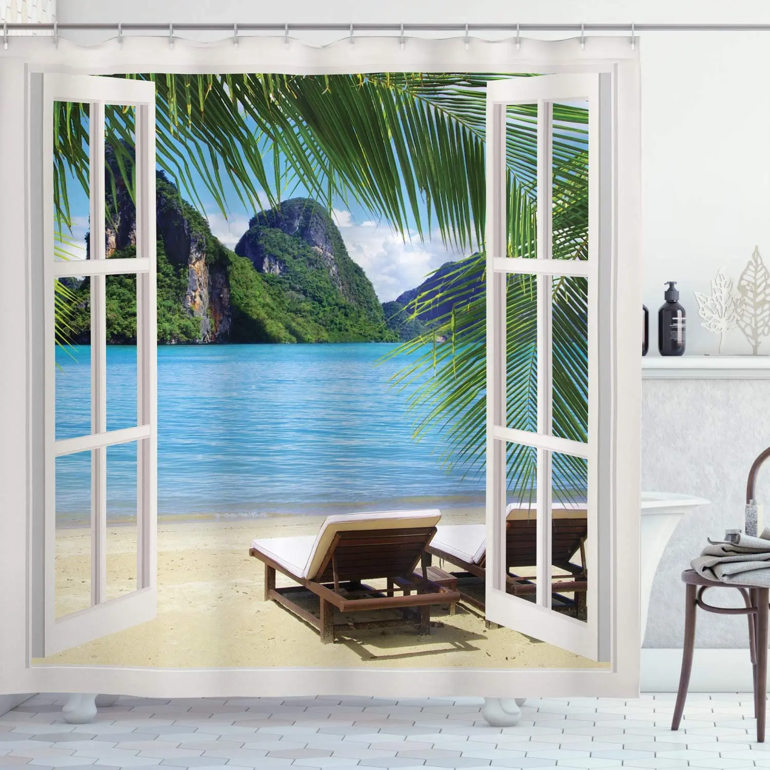 

Nautical Home Shower Curtain, Ocean Beach Seascape Sunbeds Balcony Summer Picture Tropical Island, Cloth Fabric Bathro