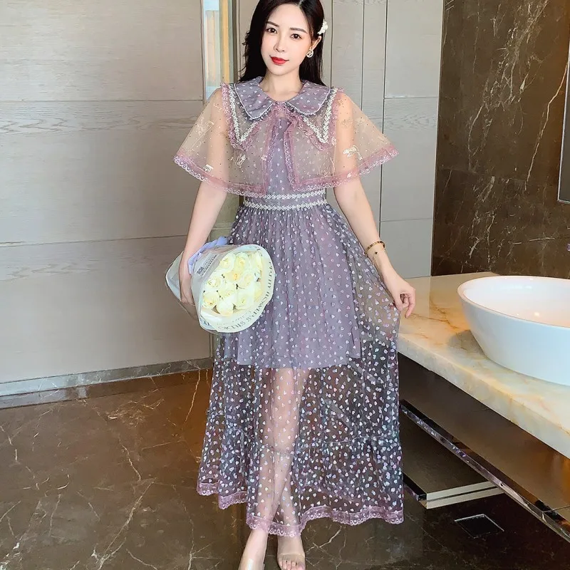 

2022 Summer Elegant Temperament High-End Embroidered Mesh Lace Ruffled Slim Doll Collar Retro Dress Vestidos