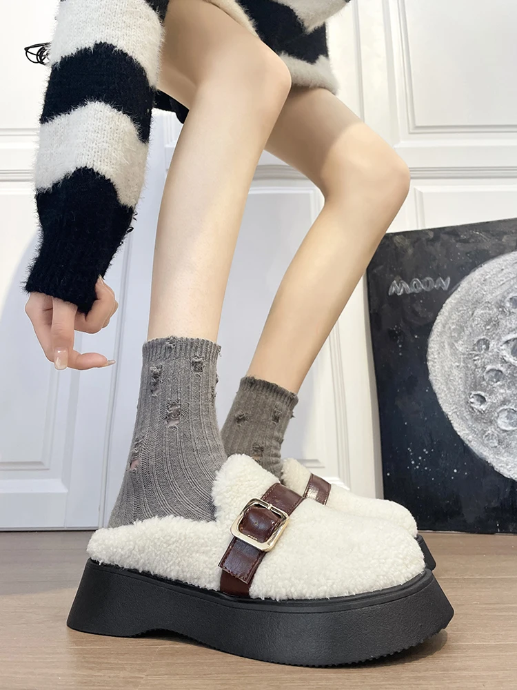 

Winter Woman Slipper Cover Toe Flock Shoes Pantofle Med Fur Flip Flops Slides Loafers Flat 2022 Plush Fabric Rome Loafers Shoes