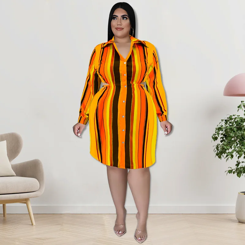 Plus Size Dress Turn-down Collar Stripe Long Sleeve Shirt Knee-length Elegant Dresses for Women Party Dresses Office Lady Full