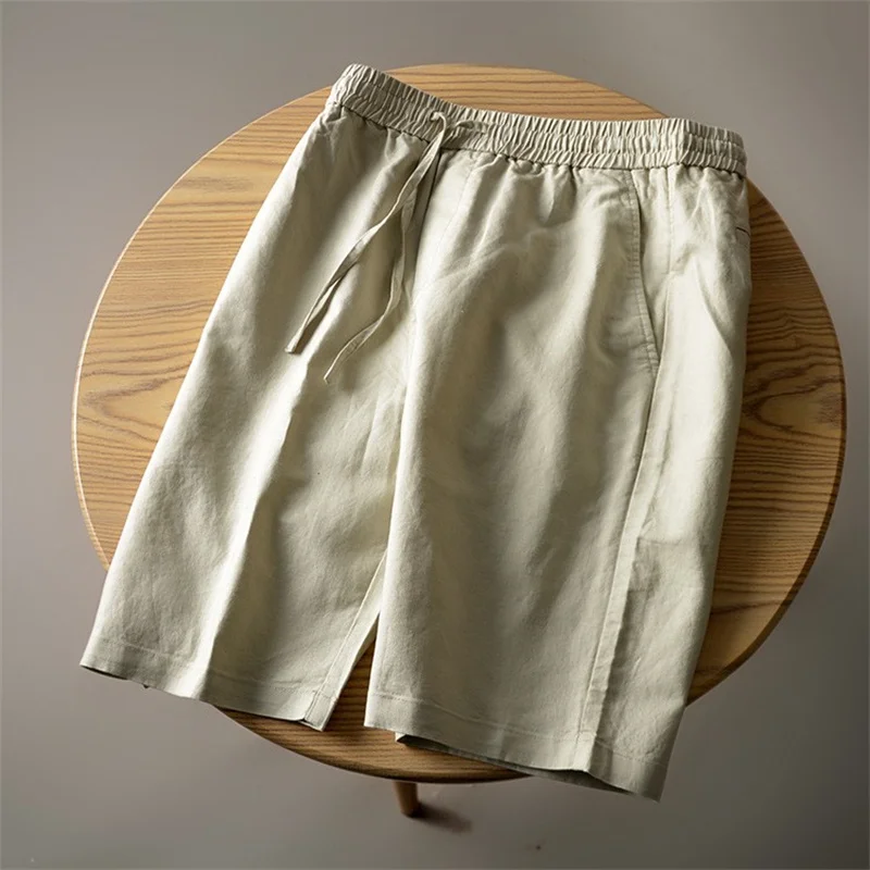 Linen blend 2023 new summer men's casual everything pull rope elastic waist shorts five quarter pants Y2K