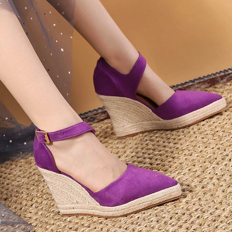 

European and American Baotou pointed fashion shallow mouth one word buckle slope heel single shoe straw braided sandals