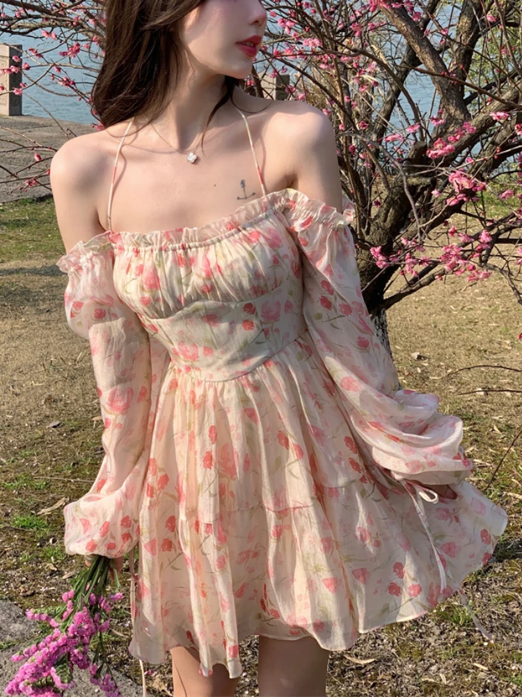 

Winter Sweet Floral Dress Women Off Shoulder Elegant Sexy Party Mini Dress Female Long Sleeve Chic Fairy Holiday Dress 2022 New