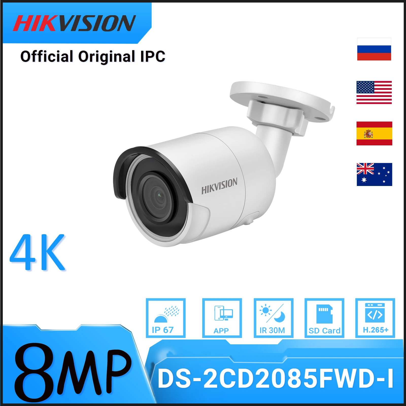 

Hikvision DS-2CD2085FWD-I POE IP Camera 8MP Bullet Network CCTV IPC SD Card Slot H.265+ IP67 4 Behavior Analyses Face Detect