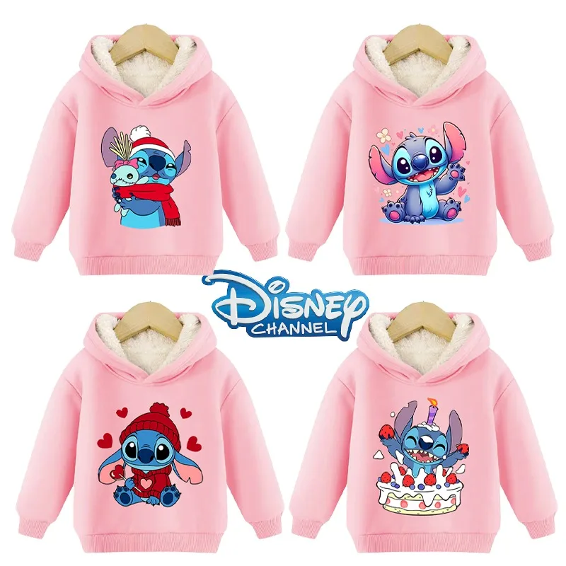 Disney Anime Baby Sweatshirts Stitch Hoodie Velvet Thickened Super Warm Christmas Festive Tops Child Birthday Coat Boy Girl Gift