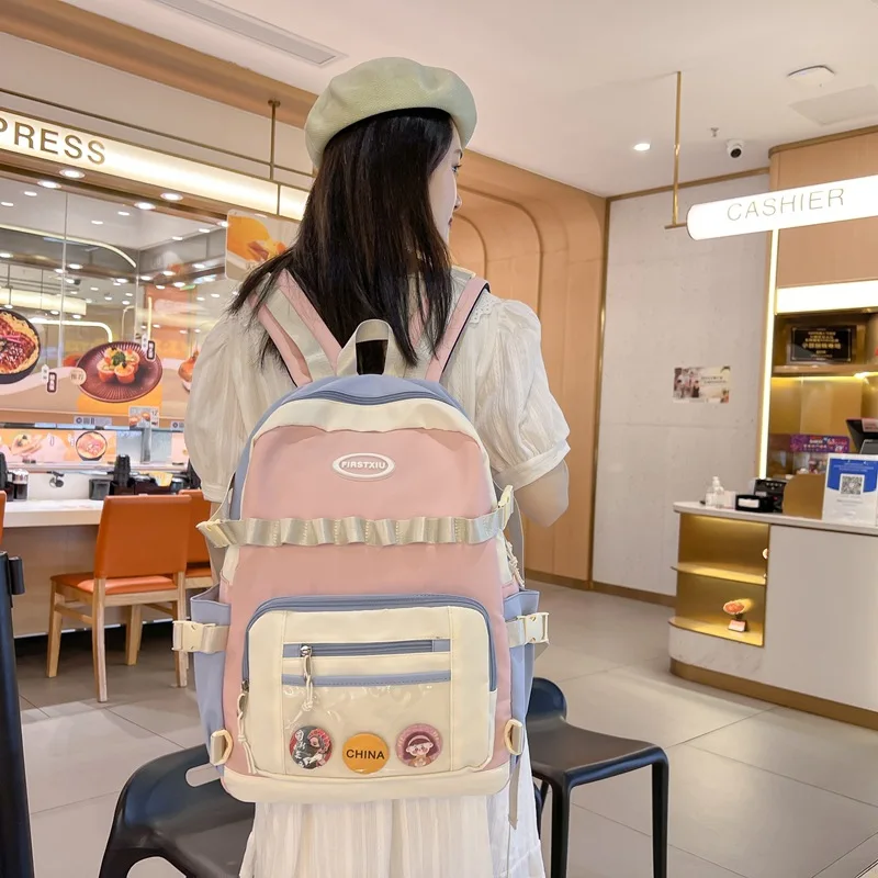 

Школьный портфель контрастных цветов для женщин, модный вместительный студенческий рюкзак с защитой от кражи в Корейском стиле для мальчик...